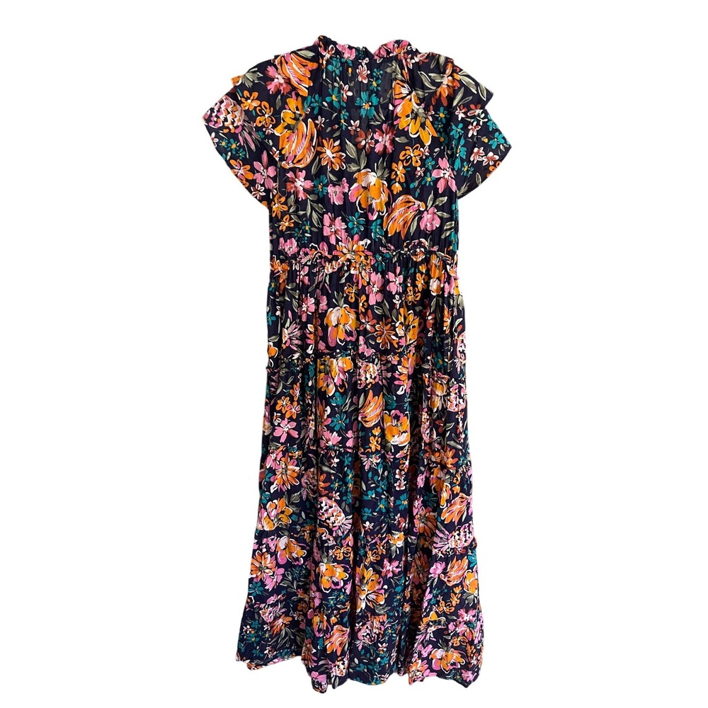 Crown & Ivy Floral Tiered Maxi Dress Navy Blue Flutter Sleeve Cotton XL - Picture 3 of 6